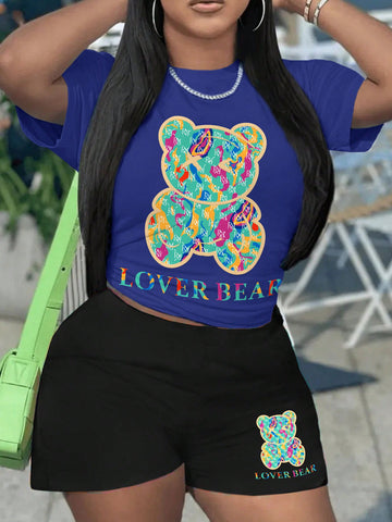 Women's Bear & Letter Printed Short Sleeve T-Shirt And Shorts Set For Summer