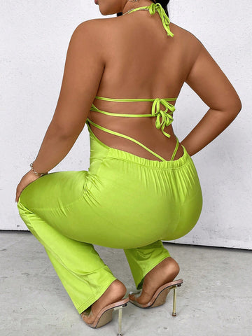 Plus Size Halter Neck Solid Color Sleeveless Jumpsuit With Backless Design