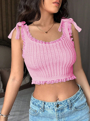 Lace Spliced Shoulder Straps Tight Cropped Summer Season Fashionable Ribbed Knit Top