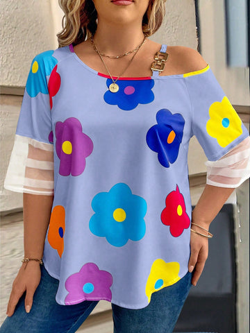 Plus Size Summer Casual Loose Fit Shirt With Asymmetrical Collar And Floral Print