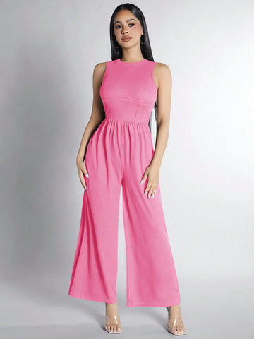Women's Solid Color Sleeveless Wide Leg Jumpsuit For Summer
