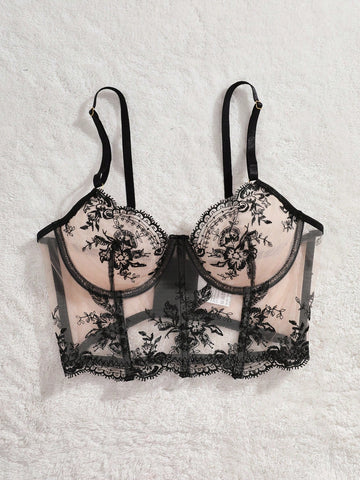 Sexy Sheer Mesh Floral Embroidery Bra With Underwire