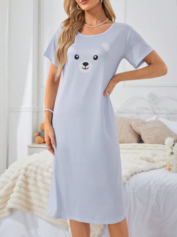 Ladies' Simple Everyday Sleep Dress With Bear Print