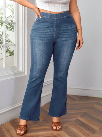 Plus Size Women's High Elastic Waist, Pocket & Flare Leg Jeans