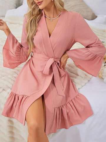 Women's Solid Color Flare Sleeves Nightgown With Ruffled Hemline