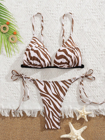Zebra Print Push Up Split Swimsuit Set Without Steel Ring
