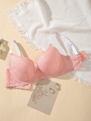 Plus Size Women's Sweet Pink Lace Bra With Bow Decoration