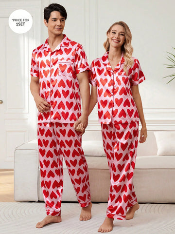 Men's Love Heart Print Satin Collar Pajama Set