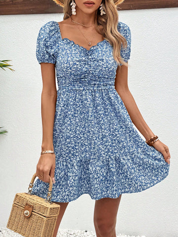 Women's Summer Vacation Style Floral Print Pleated Bubble Sleeve Dress