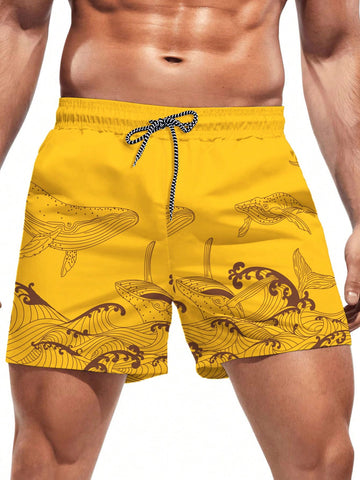 Men's Whale Printed Drawstring Waist Beach Shorts, Summer Vacation