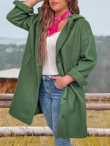 Plus Size Loose Fit Hooded Woolen Coat With Single-Breasted Closure And Slanted Pockets, Spring & Autumn