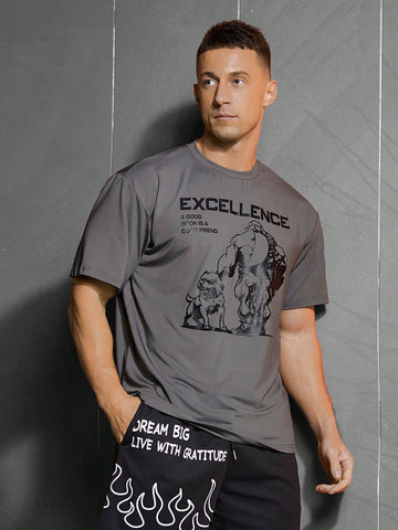 Men's Slogan And Cartoon Print Short Sleeve Sports T-Shirt