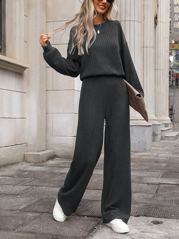 Women Long Sleeve Turtleneck Wide Leg Jumpsuit With Drawstring Waist And Textured Fabric
