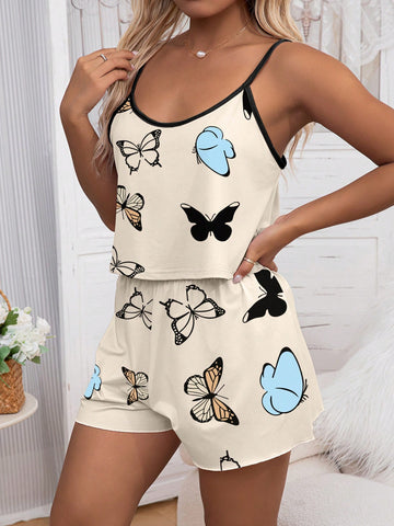 Plus Size Summer Casual Butterfly Printed Camisole Top And Shorts