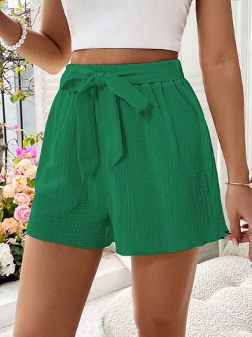 Ladies Fashion Solid Color Loose Shorts With Belt For Summer