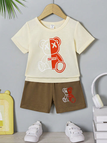 2pcs/Set Baby Boy Casual Simple Basic Bear Print Outfit For Spring & Summer