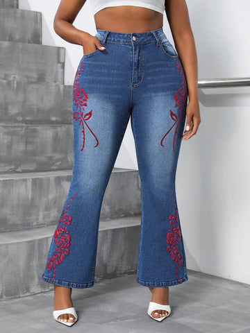 Fashionable Plus Size Ladies' Red Printed Flared Jeans For Summer