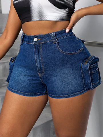Women's Plus Size Fashionable Slim Fit Denim Shorts With Pocket Design, Summer