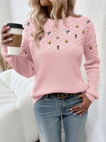 Leisure Ladies' Floral Pattern Drop Shoulder Long Sleeve Sweater