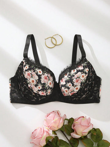 Plus Size Women's Floral Lace Patchwork Bra With Underwire (1pc)