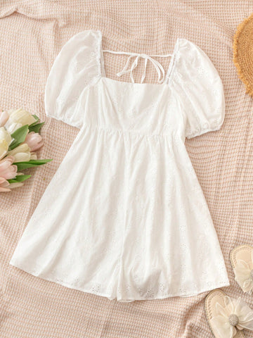 Women's Summer Holiday White Romper With Bubble Sleeves, Square Neck, Embroidery Detailing And Flared Hem