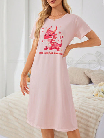 Women\ Sleep Dress With Size Lettering And Cartoon Dragon Pattern Round Neck