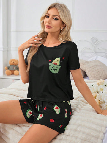 Women's Summer Avocado Pattern Cute Print Round Neck Short Sleeve Shorts Pajamas Set