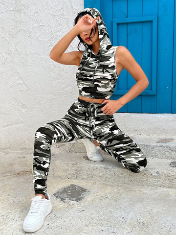 Camouflage Drawstring Hooded Crop Top And Skinny Long Pants Two Piece Set For Spring/Summer