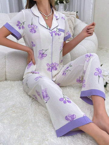 Contrasting Color Floral Printing Trimmed Collar Ladies Pajamas Set