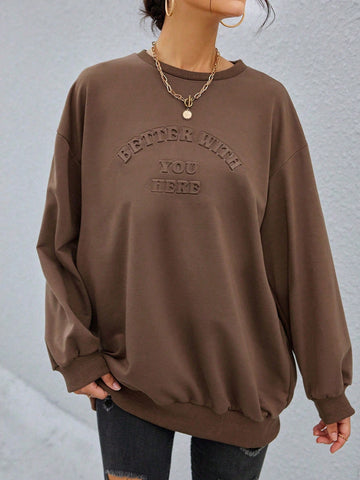 Women's Drop Shoulder Long Sleeve Sweatshirt With Letter Print