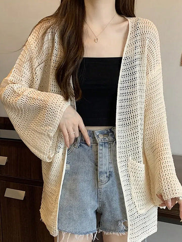 Casual Knitted Cardigan With Hollow Out Design, Double Pockets And Front Open