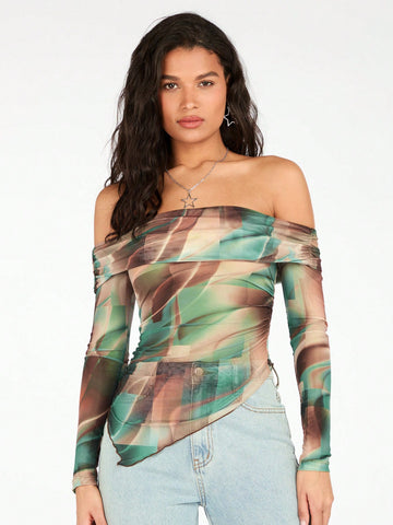 Iridescent Printed Ruched One Shoulder Asymmetrical Hem Sheer Top With Long Sleeves