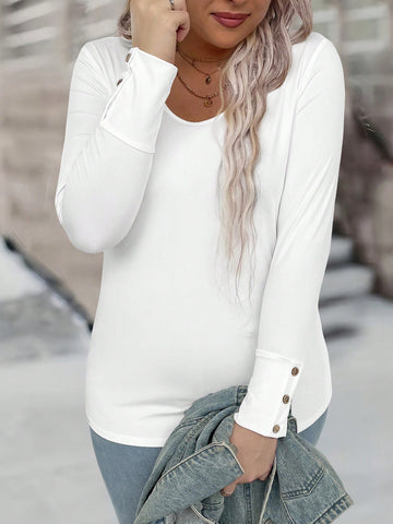 Plus Size Solid Color Long Sleeve T-Shirt With Buttons