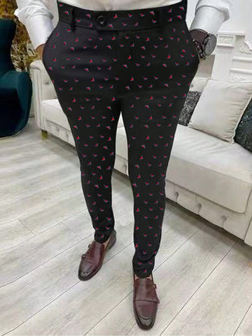 Men's Geometric Printed Straight Suit Pants With Oblique Pockets