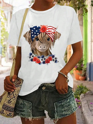 Summer Casual Round Neck Usa Flag & Bull Printed Short Sleeve T-Shirt