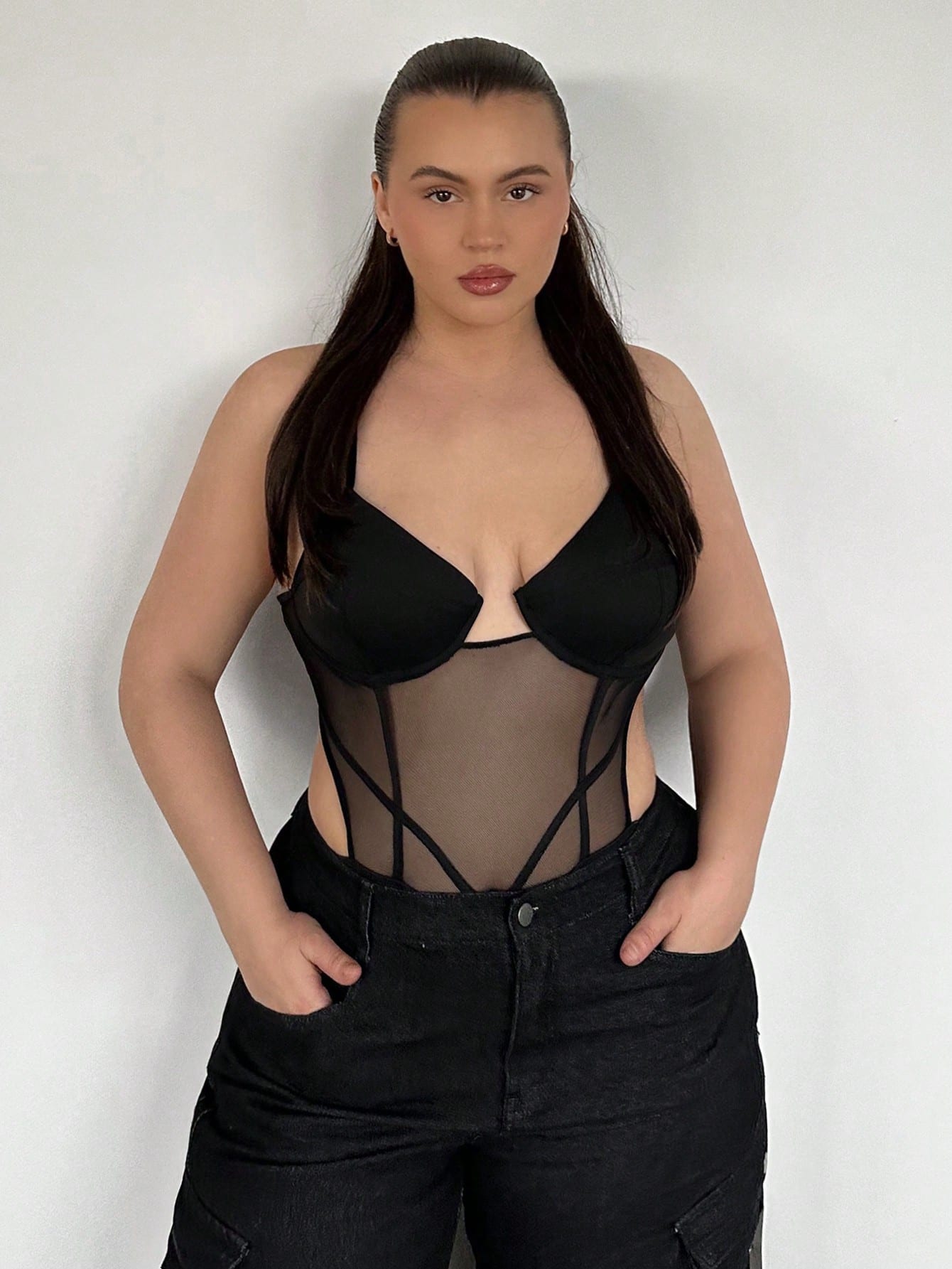 Plus Size Women's Summer Patchwork Mesh Cami Bodysuit