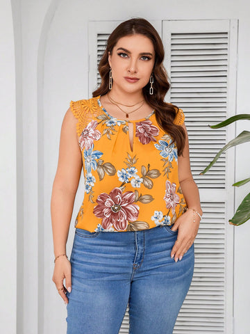 Plus Size Women's Sleeveless Floral Print Vacation Style Shirt