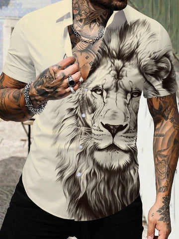 Men's 3d Lion Printed Short Sleeve Shirt For Summer