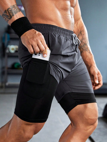 Men Solid Color Drawstring Casual Sports Shorts