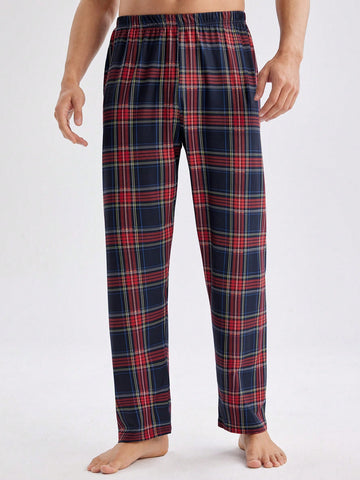 2pcs/Pack Men's Plaid Print Elastic Waist Tapered Pants, Home Wear Bottoms