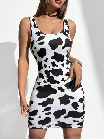 Cow Print Round Neck Bodycon Dress