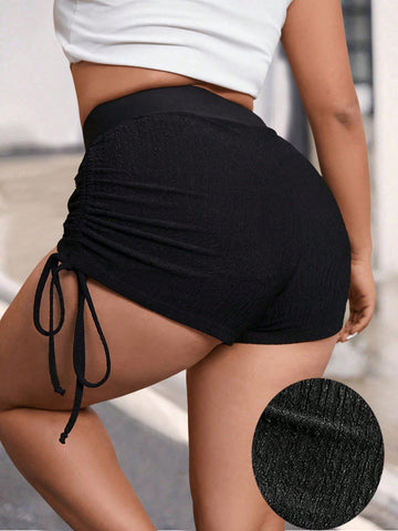 Plus Size Solid Color Front Zipper Side Drawstring Shorts