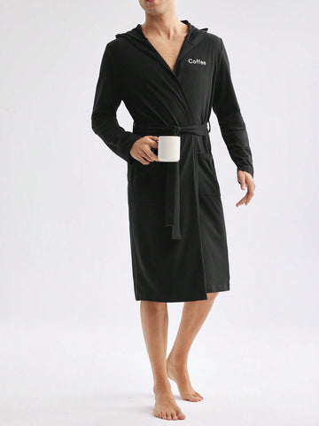 Men Fashionable And Comfortable Hooded Coffee Print Long Bathrobe