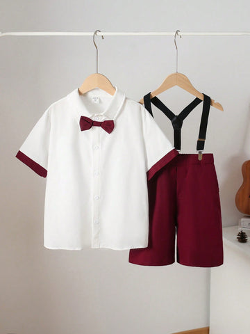 Summer 2pcs/Set Gentleman Style Boys' Short Sleeve Shirt With Bowtie And Detachable Braces Shorts