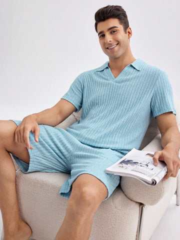 Men's Solid Color Ribbed Knit Short Sleeve And Shorts Homewear Set For Summer