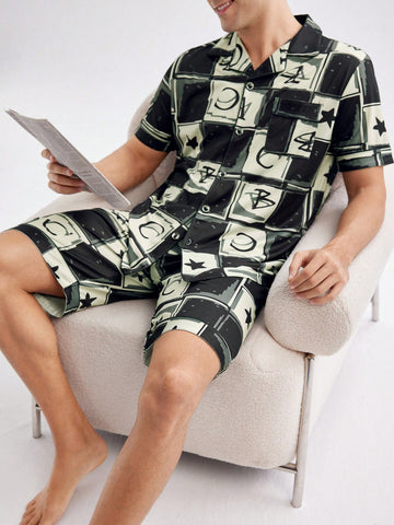 Men's Checkered Pattern Letter Print Short Sleeve Shirt And Shorts Homewear Set