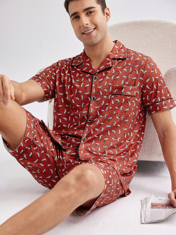 Men's Printed Casual Short Sleeved Pajama Set Including Short Pants, Homewear