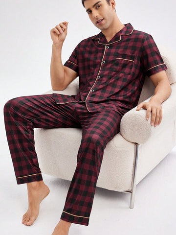Men Summer Fashion Plaid Short-Sleeved Long Pants Homewear Set