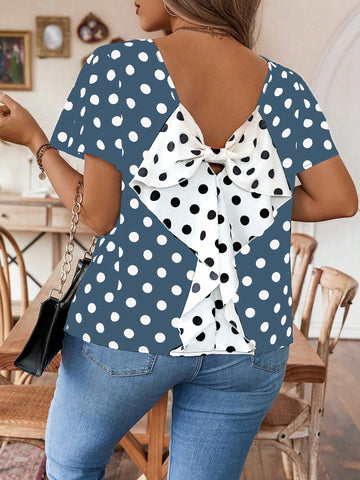 Women's Polka Dot Patterned Shirt With Bow Tie Decoration In Plus Size