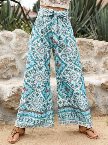 Vacation-Style Leisure Position Printed Blue Loose Band Wide-Leg Pants Beach